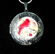 Red Cardinal Bird Cabochon LOCKET Pendant 925 Silver Snake Chain Necklace 18 in.