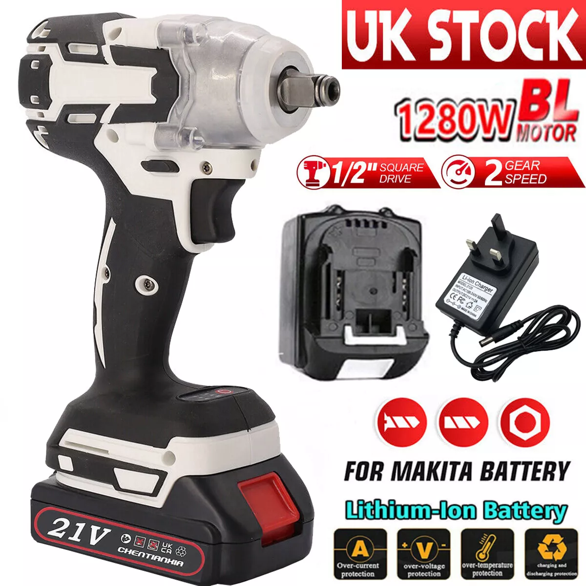 1000Nm 21V Cordless Electric Impact Wrench Drill Gun Ratchet