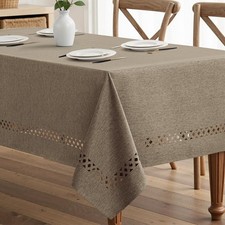 Khaki Rectangle Linen Polyester Tablecloth with Decorative Cutouts Waterproof...