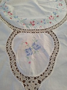 Cross Stitched Blue & Pink Roses With Machine Crochet Details in White color 66"