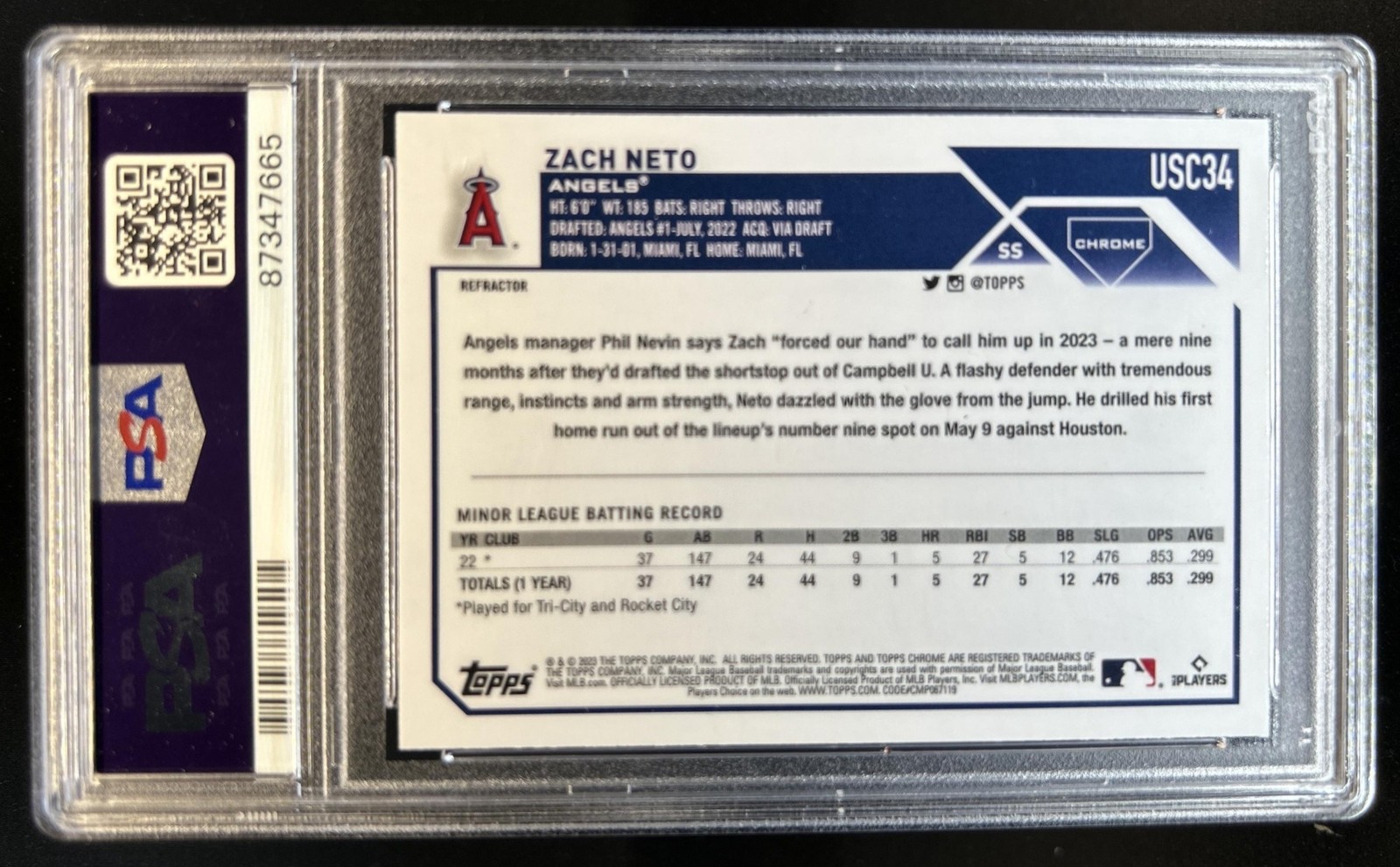2023 Topps Chrome Update Zach Neto RC Refractor Rookie #USC34 Angels PSA 10 view 2