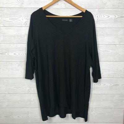Tahari Women's 2X V Neck Tee Shirt 3/4 Sleeve Solid Black Cotton Blend Casual