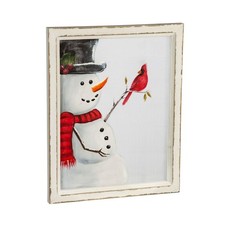 Snowman with Cardinal Hand Painted Screen Wood Frame Wall D  cor, 16"W x 20"H