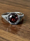 Vintage Style - Garnet Set In Sterling Silver With Filigree Ring - Size 7