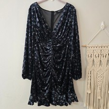 Cider Velvet Floral Ruched V Neck Long Sleeve Mini Dress Goth Dark Fairy 1XL