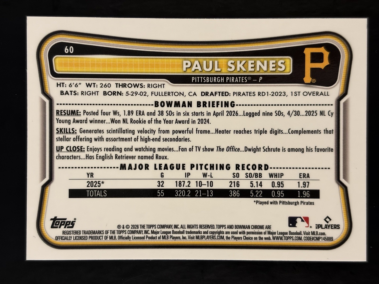 2026 Bowman Chrome Sapphire - Paul Skenes view 2