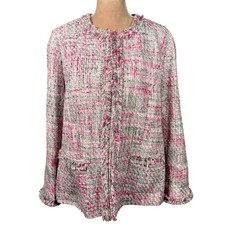 Additions by Chicos Tweed Jacket Pink Gray Fringe Blazer Collarless Size 3 / XL