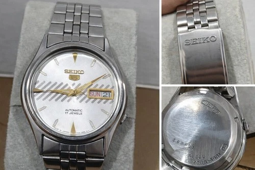 Vintage Seiko 5 Automatic Watch 7009-3040 Silver Dial Day Date Original Bracelet