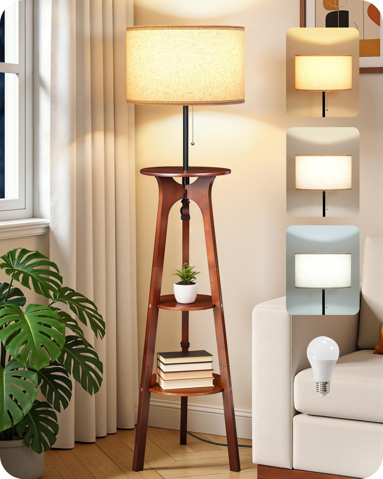 Lampadaire trépied en bois avec tablette design scandinave et finitions haut de gamme