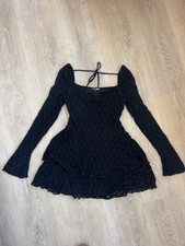 Lined Black Ruched Ruffled Lace Semi-Sheer Long Sleeve Mini Dress in Size M