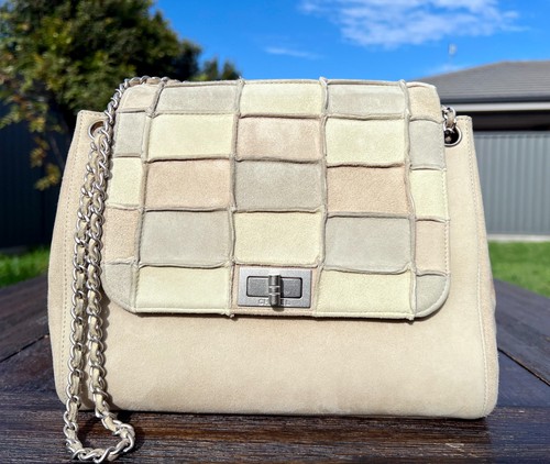 Authentic Chanel Vintage Suede Patchwork 2.55 Accordion Flap Bag Beige Choco Bar