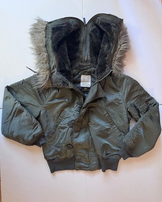Alpha Industries Men s Olive Hooded Air Crew Jacket with Faux Fur Trim SZ Medium