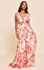 PETITE BLUSH PINK FLORAL FRILL MAXI DRESS WEDDING GUEST SUMMER OCCASION UK 8