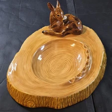 Vintage 80's Deer Fawn Sitting On A Log Ashtray MARKED 12" W x 5'' Tall Ceramic