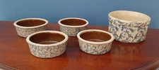 Vintage RRP Co. Roseville OH Blue Spongeware Pottery Small Crock, 4 Mini Crocks