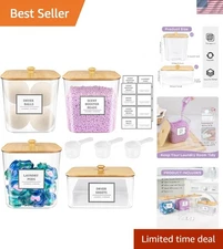 Laundry Pods Storage Container Set with Wooden Lids and Labels Organizers