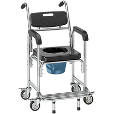 HOMCOM 3-in-1 Shower Commode Wheelchair, Accessible Transport Commode Medical Ro
