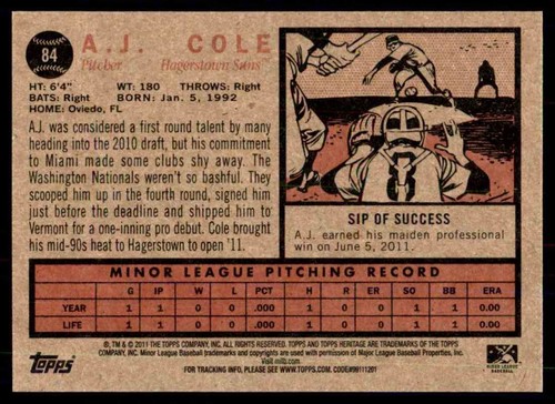 2011 Topps Heritage Minor League A.J. Cole Hagerstown Suns #84 - Picture 2 of 2