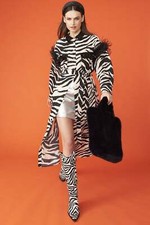 Jayley Zebra Trench Coat With Feather Trim And Embellished Collar
