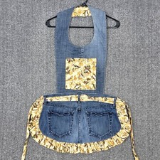 Handmade Upcycled Denim Apron Womens One Size Blue Jean Bib Long Ties Brid Print