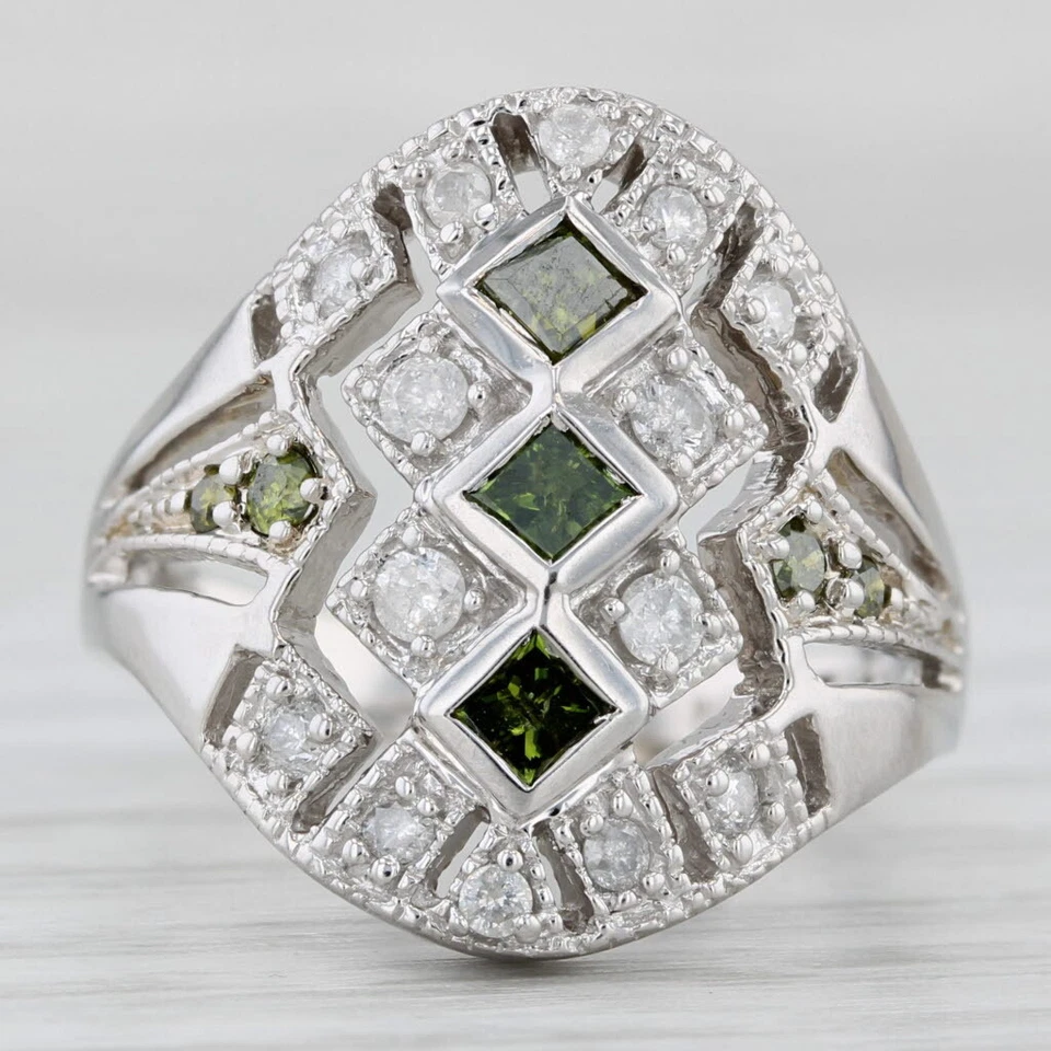 Anillo de diamantes blancos verdes de 0,57 quilates de oro blanco de 10 k talla 7 cóctel Foto 2 de 4