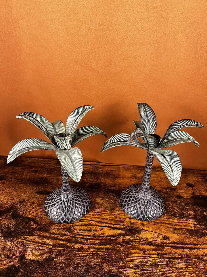 Par De Candelabros De Colección Pequeños De Hierro Fundido Palmtree ¡¡HERMOSOS!!! Foto 3 de 4