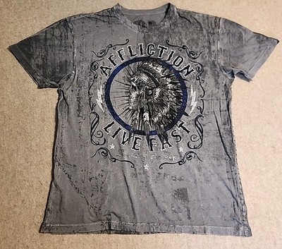 Affliction Live Fast Y2k  Distressed Gray Indian Chief Braided Sides T-shirt XL