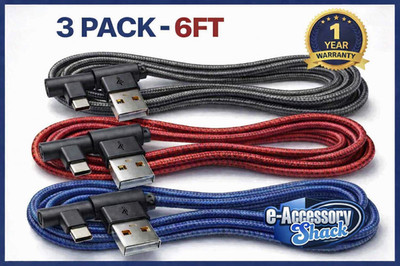 3 PACK 6FT 90 Degree Angle Type C USB-A Fast Charger Cable Quick Charging Cord L