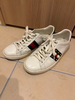 GUCCI Ace Sneakers Size 23.5cm Pearl Studs White Red Green Asymmetrical
