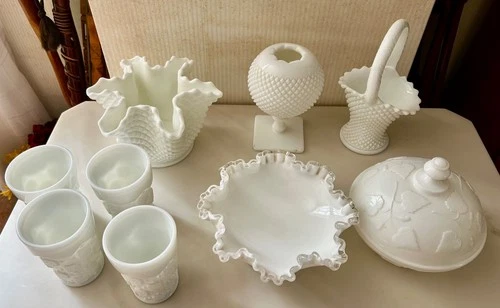 Lot Of 10 Vtg Milk Glass Items Pedestal Platter, Vase, Basket, Tumblers, Bowl