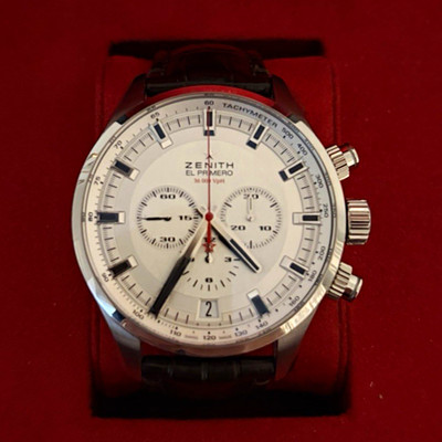 Zenith El Primero Auto Chronograph Date Tachymeter Silver Dial Black Leather