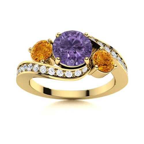 925 Sterling Silver Gold Plated Round Amethyst & Citrine Three Stone Women Ring