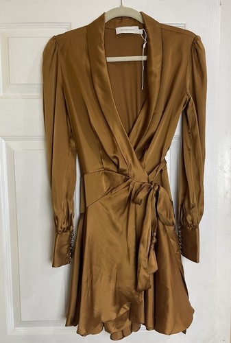 Zimmermann Silk Wrap Mini Dress Gold Brown Silk Cocktail Dolman Sleeve US SZ 4 - Picture 11 of 12