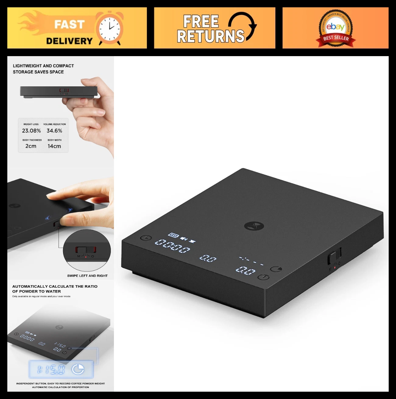 Ultra Thin Digital Coffee Scale with Timer - 0.1g Precision for Espresso, Pour O