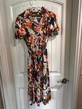 Cassee's Dress Midi Short Puff Sleeve Floral Button Tie Waist Collared Cotton M