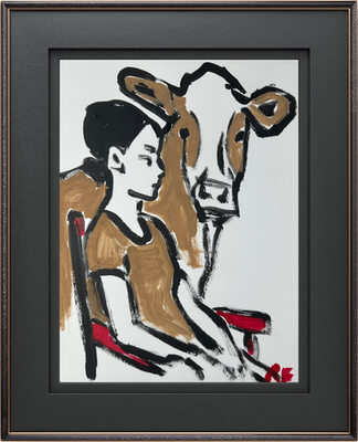 #ad ROWAN Original Art Modern Expressionist Minimal Illustrated 9x12 Woman with Cow $33.25