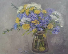 Bouquet of wildflowers original oil painting, blue daisies painting, flower art