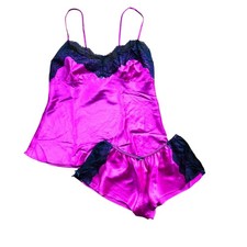 Y2K VTG Victoria  s Secret Satin Cami  Shorts Set S Fuchsia Magenta Black Lace