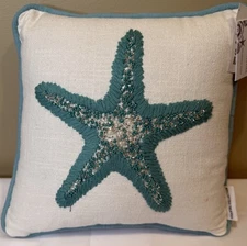 Coastal Collection Nautical Beach Beaded Starfish Pillow 12x12 Blue Decor