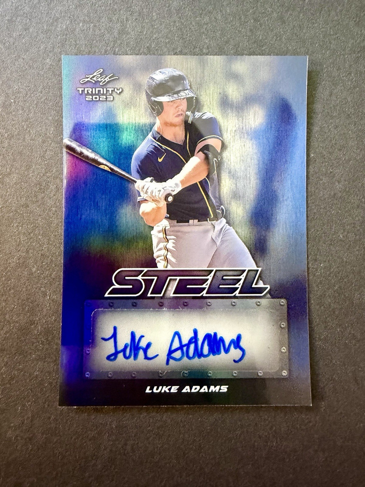 Luke Adams 2023 Leaf Trinity Blue Steel 1/1 Production Milwaukee Brewers Auto