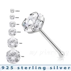 2pcs. 22G .925 Sterling Silver Nose Bone Round Clear CZ Prong Set Nose Ring Stud