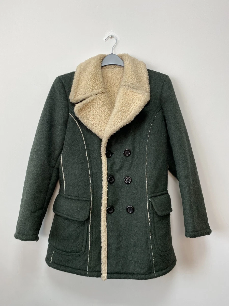 BESPOKE Men s Green Wool Blend Sherpa Lining Pea Coat Size S