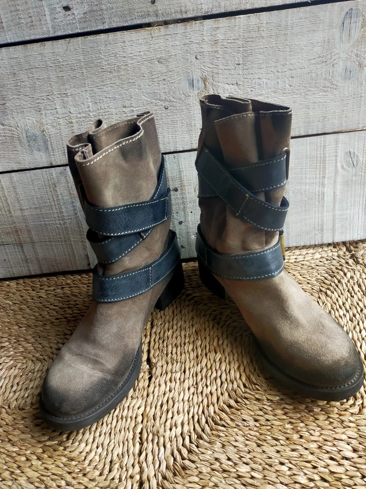 bottines khrio  nubuck taupe et cuir bleu 39 - Photo 3/4