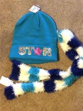 New Girls JUSTICE blue sequin HAT SCARF set sequin STAR hat striped scarf