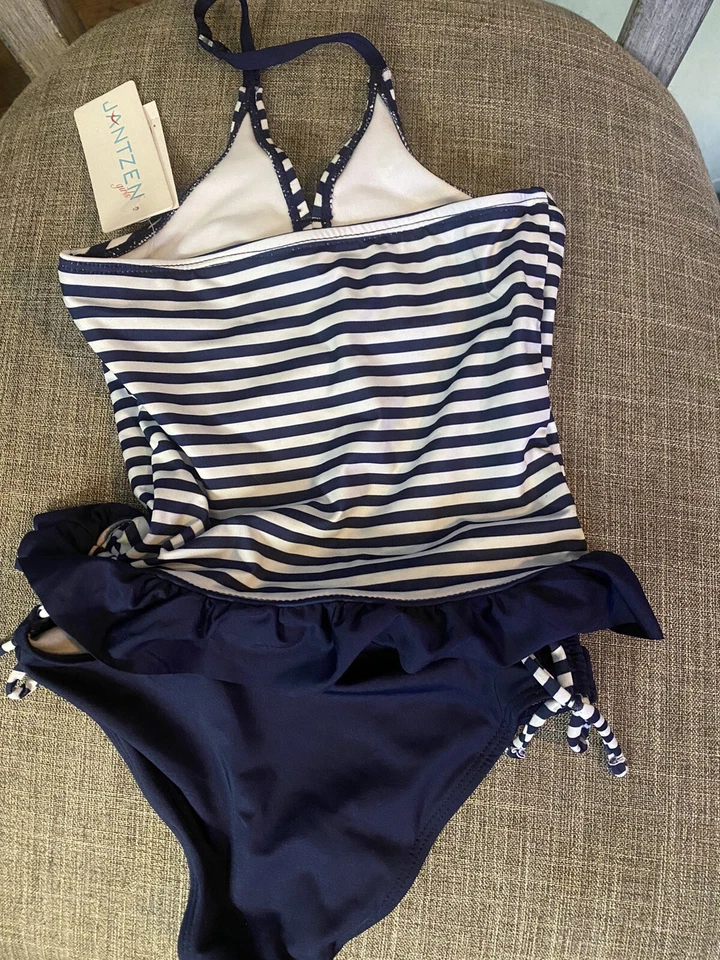 NUEVO Traje de baño Tankini Jantzen Girls 5 azul blanco a rayas 2 piezas UPF 50+ Foto 3 de 4