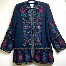 Linea By Louis Dell’ Olio Black Wool Embroidered Boucle Boho Jacket Size Large
