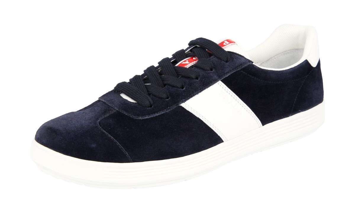 PRADA SNEAKERS SHOES BLUE WHITE SUEDE LINEA ROSSA RED STRIPE US 11