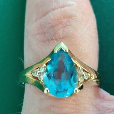 14k Solid Yellow Gold Blue Topaz and Diamond Ring Size 3.5 3.1grams