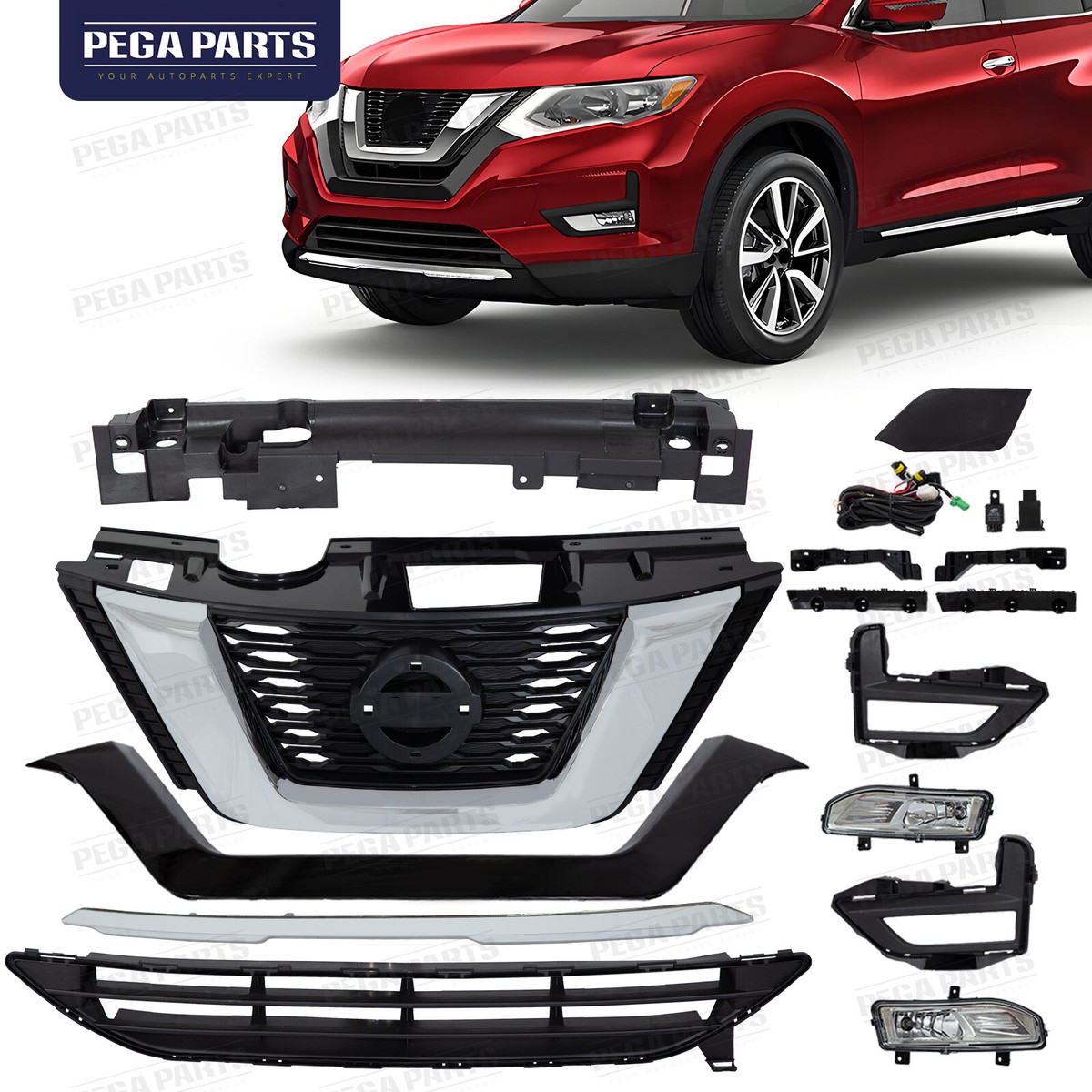 Complete Front Grille & Fog Light Kit For Nissan Rogue 2017-2019 S/SL/SV - 14-Piece Chrome Set 5 thumbnail image