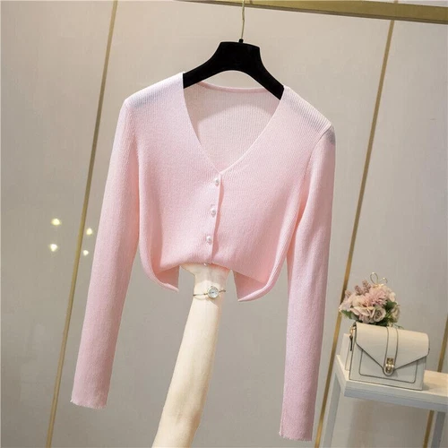 Damen Eis Seide Strick Sommer Shirt V-Ausschnitt Knopf Kurz Pullover Slim Fit Cardigan - Bild 16 von 25